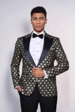 Floral Patterned Peak Lapel  Black with Gold Embellished Dinner Jacket