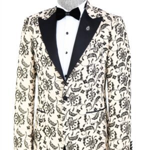 Floral Patterned Peak Lapel Cream Men Wedding Blazer - Wessi