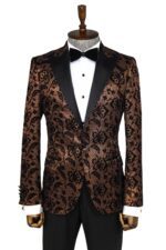 Floral Patterned Peak Lapel Gold Men Singer Party Blazer