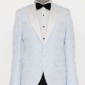 Floral Patterned Peak Lapel Light Blue Men Prom Blazer - Wessi