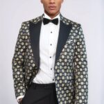 Floral Patterned Peak Lapel  Navy Blue with Gold Embellished Dinner Jacket - Wessi