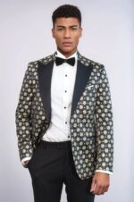 Floral Patterned Peak Lapel  Navy Blue with Gold Embellished Dinner Jacket