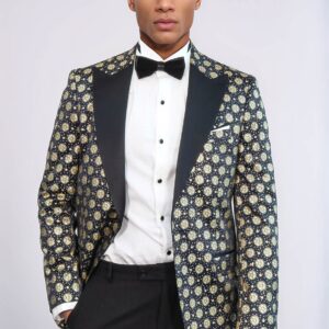Floral Patterned Peak Lapel  Navy Blue with Gold Embellished Dinner Jacket - Wessi