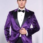 Floral Patterned Purple Velvet Men Tuxedo  Jacket - Wessi