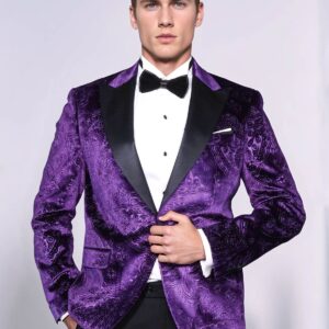Floral Patterned Purple Velvet Men Tuxedo  Jacket - Wessi