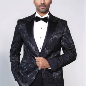 Floral Patterned Shiny Peak Lapel Black Men Dinner Jacket  - Wessi