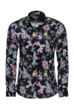 Floral Patterned Slim Fit Long Sleeves Black Men Shirt