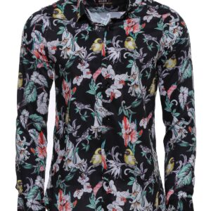 Floral Patterned Slim Fit Long Sleeves Black Men Shirt - Wessi