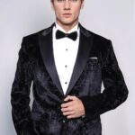 Floral Patterned Velvet Black Men Wedding Tuxedo Blazer - Wessi