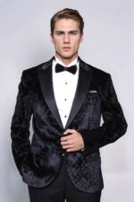 Floral Patterned Velvet Black Men Wedding Tuxedo Blazer