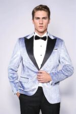 Floral Patterned Velvet Blue Men Wedding Grooms Blazer