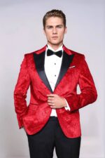 Floral Patterned Velvet Burgundy Men Tuxedo Jacket