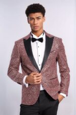 Flower Embroidered Pattern Burgundy Men Tuxedo Blazer
