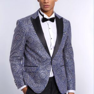 Flower Embroidered Pattern Navy Blue Men Party Blazer - Wessi
