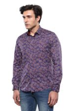 Flower Patterned Long Sleeves Navy Blue Men Shirt 