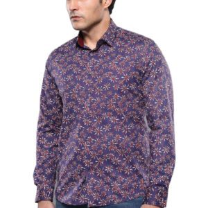 Flower Patterned Long Sleeves Navy Blue Men Shirt  - Wessi