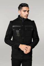 Fur Collar 4 Pockets Black Men Coat