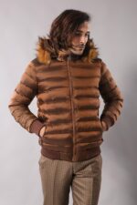Fur Hooded Men's Puffer Coat in Tan