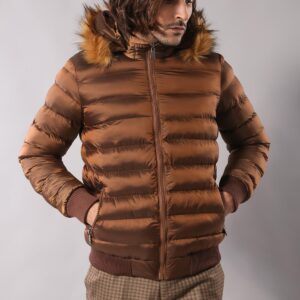 Fur Hooded Men's Puffer Coat in Tan | Wessi