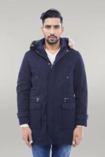 Fur Hooded Navy Blue Men Coat