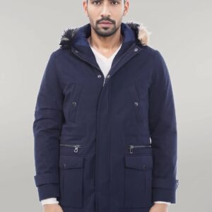 Fur Hooded Navy Blue Men Coat - Wessi