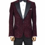Glitter Floral Patterned Burgundy Men Party Blazer - Wessi