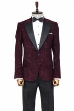 Glitter Floral Patterned Burgundy Men Party Blazer