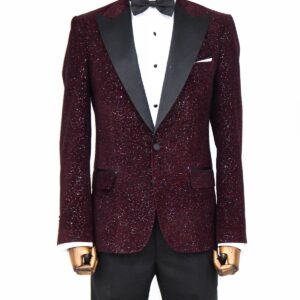 Glitter Floral Patterned Burgundy Men Party Blazer - Wessi