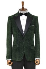 Glitter Floral Patterned Dark Green Men Dinner Jacket