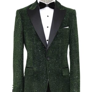 Glitter Floral Patterned Dark Green Men Dinner Jacket - Wessi