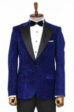 Glitter Floral Patterned Sax Blue Men Dinner Jacket