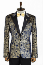Gold Blue Patterned Over Navy Blue Men Tuxedo Blazer