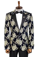Gold Floral Patterned Navy Blue Men  Party Blazer