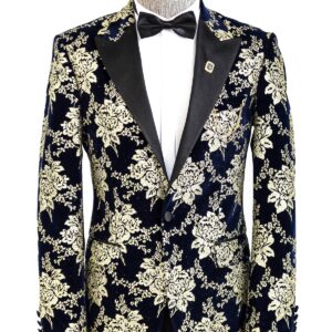 Gold Floral Patterned Navy Blue Men  Party Blazer - Wessi