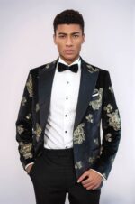Gold Floral Patterned Shiny Black Men Party Tuxedo  Blazer