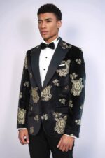 Gold-Floral-Patterned-Shiny-Black-Men-Party-Tuxedo-Blazer-Wessi-2