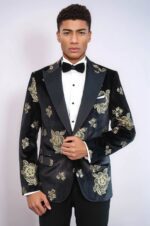 Gold-Floral-Patterned-Shiny-Black-Men-Party-Tuxedo-Blazer-Wessi-3