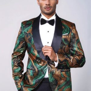 Gold-Green Patterned Over Black Men Stage Performers Jacket - Wessi