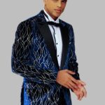 Gold Patterned Navy Blue Men Evening Tuxedo Blazer - Wessi