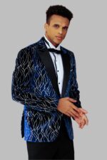 Gold Patterned Navy Blue Men Evening Tuxedo Blazer