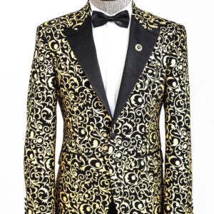 Gold Patterned Over Black Men Evening Dinner Jacket - Wessi