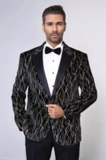 Gold Patterned Over Black Velvet Men Evening Tuxedo Blazer