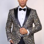 Gold Patterned Over Navy Men Party Blazer - Wessi