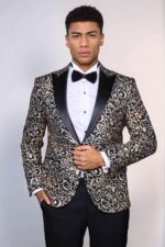 Gold Patterned Over Navy Men Party Blazer