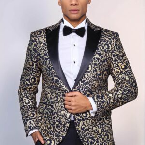 Gold Patterned Over Navy Men Party Blazer - Wessi
