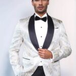Gold Patterned Over White Men Tuxedo Blazer - Wessi
