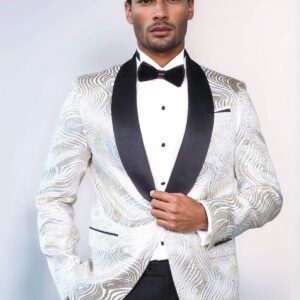 Gold Patterned Over White Men Tuxedo Blazer - Wessi