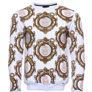 Gold Patterned Slim Fit White Sweatshirt - Wessi