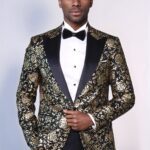 Gold Rose Patterned Slim Fit Black Men Singer Tuxedo Blazer - Wessi