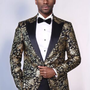 Gold Rose Patterned Slim Fit Black Men Singer Tuxedo Blazer - Wessi